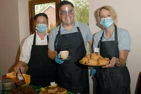 Macmillan coffee morning at Leasingham Manor Farm Shop's Ploughman's Barn. L-R Dee Williamson, Matt Taylor and Sonia Harvey. EMN-200928-101856001