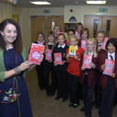 Children's author Cathy Cassidy at Haven High Technology College, Boston, with pupils from local schools.