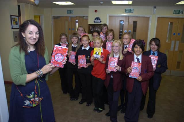 Children's author Cathy Cassidy at Haven High Technology College, Boston, with pupils from local schools.