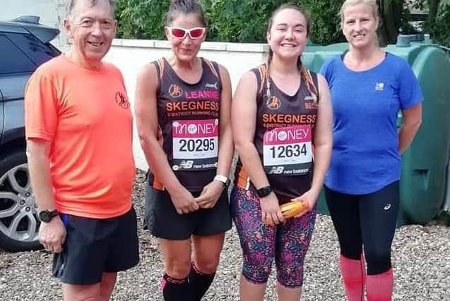 Skegness and District Running Club members celebrating finishing the Virtual London Marathon with Robin Harrison, Rebecca Grice, Leanne Rickett and Jane Martin