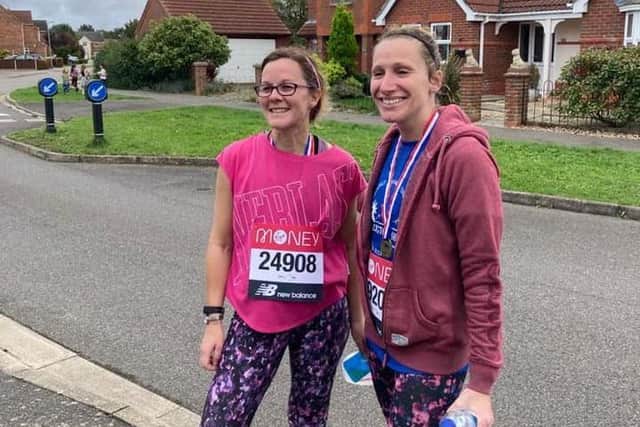 Caroline Midgley and Emma Giles at their finish in Heckington. EMN-200510-163524001