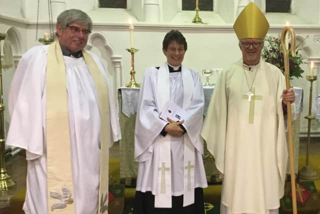 The Rev Catherine Wylie pictured with the Bishop of Grimsby and Acting Bishop of Lincoln, the Rt Rev David Court, and Vicar of Caistor, the Rev Canon Ian Robinson.Photo by Peter Thompson