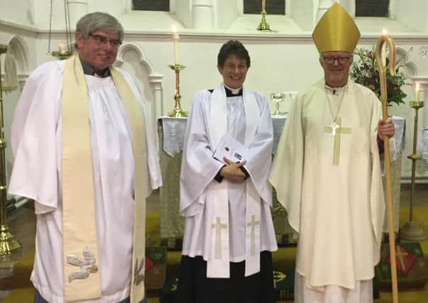 The Rev Catherine Wylie pictured with the Bishop of Grimsby and Acting Bishop of Lincoln, the  Rt Rev David Court, and Vicar of Caistor, the  Rev Canon Ian Robinson.Photo by Peter Thompson