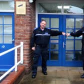 PCSO Wass and PCSO Porter pictured outside Horncastle Police Station.