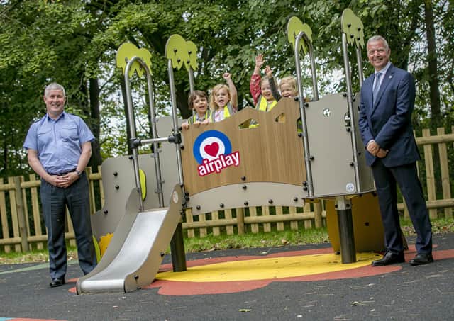 A new childrens play area is opened at West Avenue, RAF Cranwell. The AirPlay area is sponsored by the RAF Association and is for the benefit of all children at RAFC Cranwell.Photo by: Gordon EliasFor further information contact RAFC Cranwell  Photographic SectionPhotographic SectionRAFC CranwellSLEAFORDLincolnshireNG34 8HBTel: 01400 266598 EMN-201029-135149001
