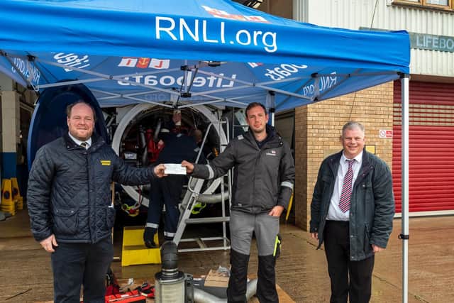 Cheques were handed over to station mechanic Jack Stanley-Money and ELDCsPortfolio Holder for Coastal Economy, Councillor Steve Kirk, at Skegness lifeboat station by Lindum Board Director Freddie Chambers (left).