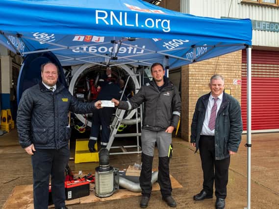 Cheques were handed over to station mechanic Jack Stanley-Money and ELDCsPortfolio Holder for Coastal Economy, Councillor Steve Kirk, at Skegness lifeboat station by Lindum Board Director Freddie Chambers (left).