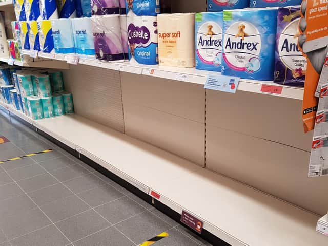 Residents are being urged not to panic buy. This picture of shelves being cleared of toilet rolls was taken in Sainsbury's in Spilsby.