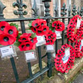 A field of poppies: Just some of the wreaths displayed on the railings of the War Memorial Hospital in Horncastle.