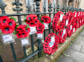 A field of poppies: Just some of the wreaths displayed on the railings of the War Memorial Hospital in Horncastle.