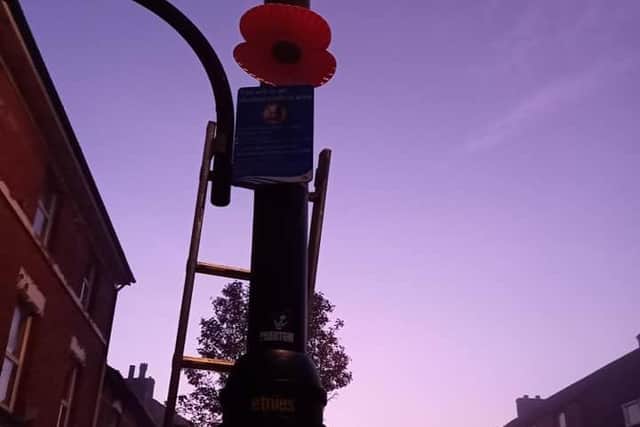 Volunteers were out in Lumley Road at the crack of dawn putting up poppies.