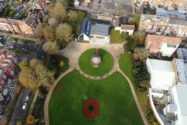 Birds-eye view of the poppy in Tower Gardens, Skegness