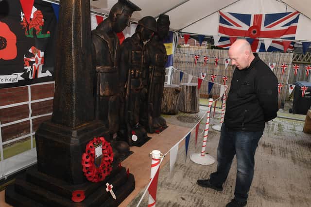 David Wright of Skegness visits the 'Allies - one and all' display, donated by the manager of the Hildreds Centre Steve Andrews, outside the New Park Club in Skegness.