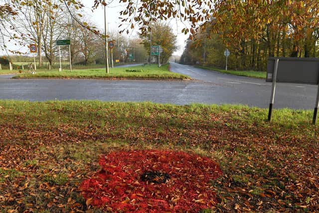 One of two poppies  painted on Gunby  Roundabout by Lincolnshire County Council.