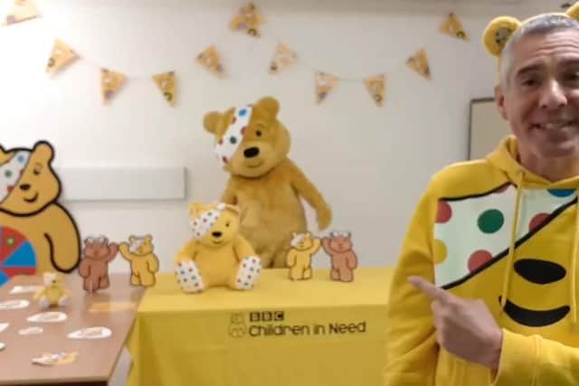 Stephen Bromby with Pudsey on the video