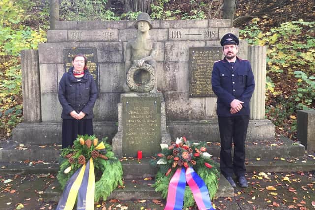 Deputy Mayor Ingrid Lohmann (left) and Marcus Neumann, Deputy Chief of Gehrenrode Fre Department at the memorial in Bad Gandersheim.