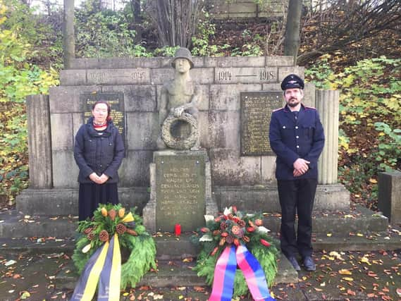 Deputy Mayor Ingrid Lohmann (left) and Marcus Neumann, Deputy Chief of Gehrenrode Fre Department at the memorial in Bad Gandersheim.