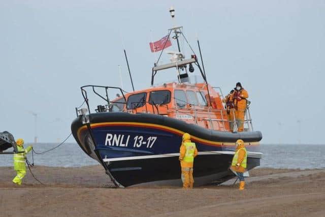 Skegness Lifeboat being spun on trailer on its return after an epic search lasting over 24 hours.