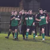 Sam Jackson, left, celebrates a Sleaford goal against Boston last season.