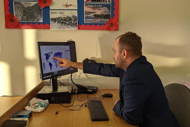 Oliver Thompson, Curriculum Leader for Humanities at Somercotes Academy, delivering a remote Geography lesson to students. This photo was taken in November 2020 while some Year 10 students were self-isolating.