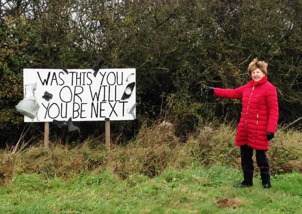 Janet Stubbs with her homemade road sign - warning motorists about the 'dangerous' junction.