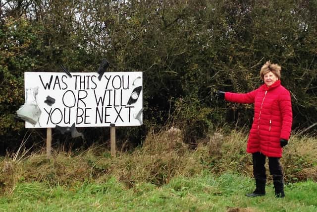 Janet Stubbs with her homemade road sign - warning motorists about the 'dangerous' junction.