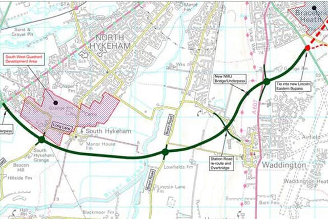 The route of the North Hykeham Relief Road, which has now seen £110m funding approved. EMN-201125-162240001