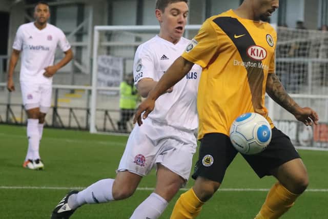 Jay Rollins in action during United's last visit to Fylde, four years ago. Photo: Eric Brown