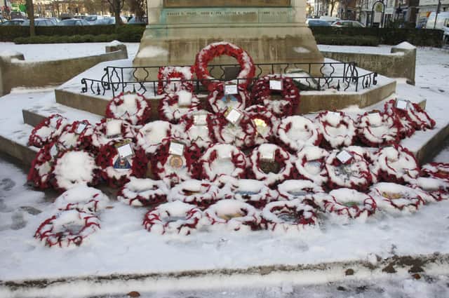 Snow at Boston's War Memorial.