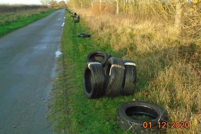 The 48 old tyres have been tossed into the roadside along Gorse Lane in Silk Willoughby. EMN-200112-115722001