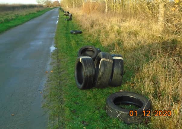 The 48 old tyres have been tossed into the roadside along Gorse Lane in Silk Willoughby. EMN-200112-115722001