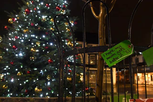 A Christmas wish on a label tied to railings near the Christmas tree in Louth.