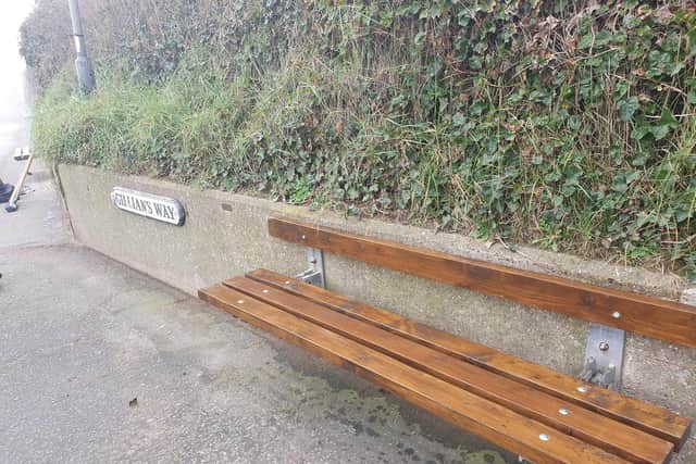One of the benches on Chapel St Leonards seafront looking shiny and safe and ready to welcome visitors.