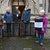 Silk Willoughby Church collecting cheese wrappers and printer cartridges to raise money for a new toilet and servery in the church. L-R Janet Johnson  - church warden, Sue Mathieson - PCC secretary, Lizzie Potter - on-line fundraising organiser, Lavinia Hughson - church member.