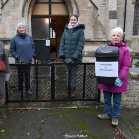 Silk Willoughby Church collecting cheese wrappers and printer cartridges to raise money for a new toilet and servery in the church. L-R Janet Johnson  - church warden, Sue Mathieson - PCC secretary, Lizzie Potter - on-line fundraising organiser, Lavinia Hughson - church member.