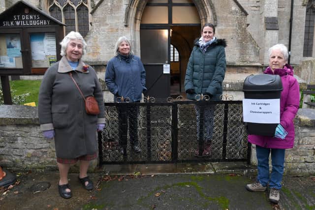Silk Willoughby Church collecting cheese wrappers and printer cartridges to raise money for a new toilet and servery in the church. L-R Janet Johnson - church warden, Sue Mathieson - PCC secretary, Lizzie Potter - on-line fundraising organiser, Lavinia Hughson - church member.