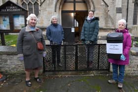 Silk Willoughby Church collecting cheese wrappers and printer cartridges to raise money for a new toilet and servery in the church. L-R Janet Johnson  - church warden, Sue Mathieson - PCC secretary, Lizzie Potter - on-line fundraising organiser, Lavinia Hughson - church member.