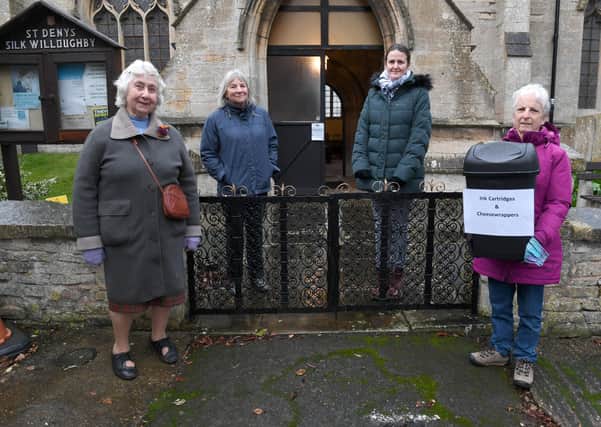 Silk Willoughby Church collecting cheese wrappers and printer cartridges to raise money for a new toilet and servery in the church. L-R Janet Johnson  - church warden, Sue Mathieson - PCC secretary, Lizzie Potter - on-line fundraising organiser, Lavinia Hughson - church member.