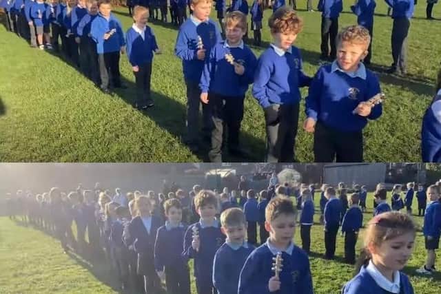 Stills from the YouTube video of the mass ringing of sleigh bells.