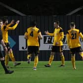 United celebrate Connor Dimaio's goal against Fylde in round three. Photo: Oliver Atkin.