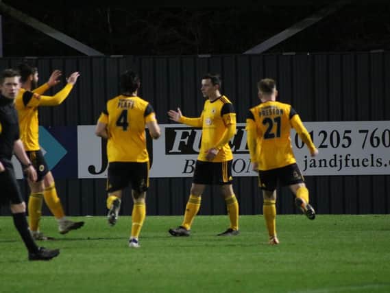United celebrate Connor Dimaio's goal against Fylde in round three. Photo: Oliver Atkin.
