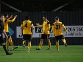 United celebrate Connor Dimaio's goal against Fylde in round three. Photo: Oliver Atkin.