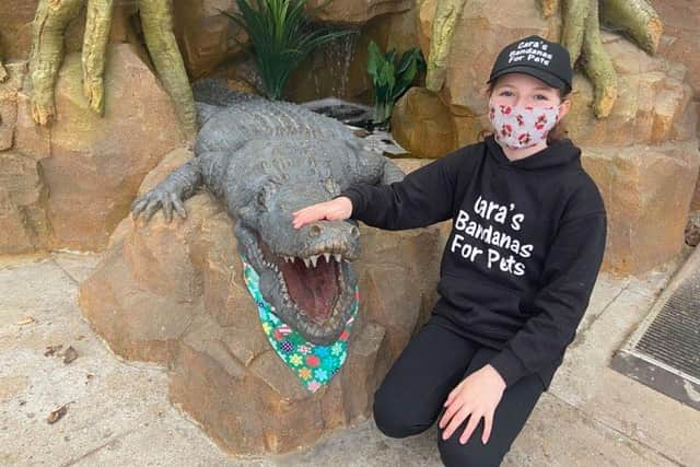 Cool croc - Cara raising awareness about her bandanas at Skegness Natureland.