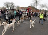 Blankney Hunt's Boxing Day meet in Eastgate Carpark in 2019, Sleaford. Hunt leaving Eastgate Car Park. EMN-201223-102549001