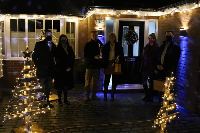 Winners of the Swineshead’s Best Dressed House Competition, Nigel Blakey and Pauline Hunt, with Mayor of Boston Councillor Anton Dani, Lady Mayoress and Chelcei and Sean Trafford