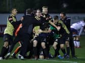 Marine players celebrate winning the match after the final whistle during the Emirates FA Cup Second Round contest against Havant and Waterloovile. Photo: Getty Images
