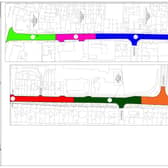 Phases of the work being done on Roman Bank Phase one is shown in lime green, 2 in pink, 3 in blue, 4 in red,  5 in dark green and 6 in orange.