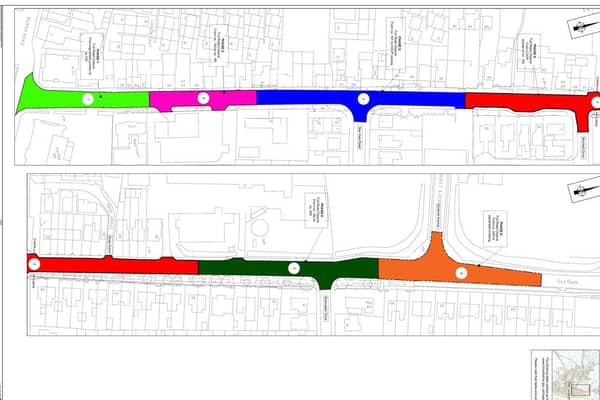 Phases of the work being done on Roman Bank Phase one is shown in lime green, 2 in pink, 3 in blue, 4 in red,  5 in dark green and 6 in orange.