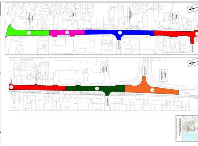 Phases of the work being done on Roman Bank Phase one is shown in lime green, 2 in pink, 3 in blue, 4 in red,  5 in dark green and 6 in orange.