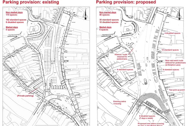 Existing parking on the left, proposed on the right - under the plans, parking spaces would drop from 110 to 40.